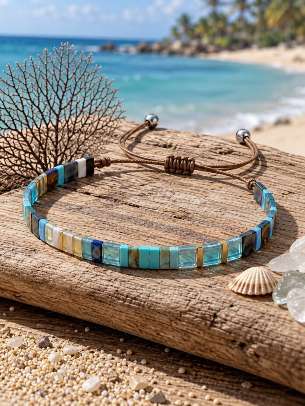 Tila Bead Bracelet Ocean Teal Olive Sand Coastal Glass Layering Adj 6-9"